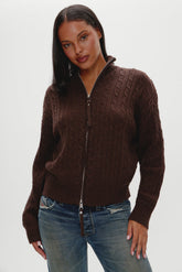 Bea Cable Knit Zip Up Sweater - Chocolate Brown Frankies Bikinis For Sale
