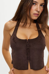Delilah Halter Suede Tankini - Desert Suede Frankies Bikinis Outlet