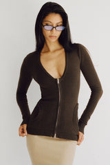 Sienna Zip Up Knit Sweater - Chocolate Brown Frankies Bikinis Outlet