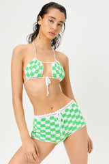 Eliza Crochet Halter Bikini Top - Jade Checker Frankies Bikinis Discount