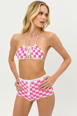 Eliza Crochet Halter Bikini Top - Pink Checker Frankies Bikinis Online Shop