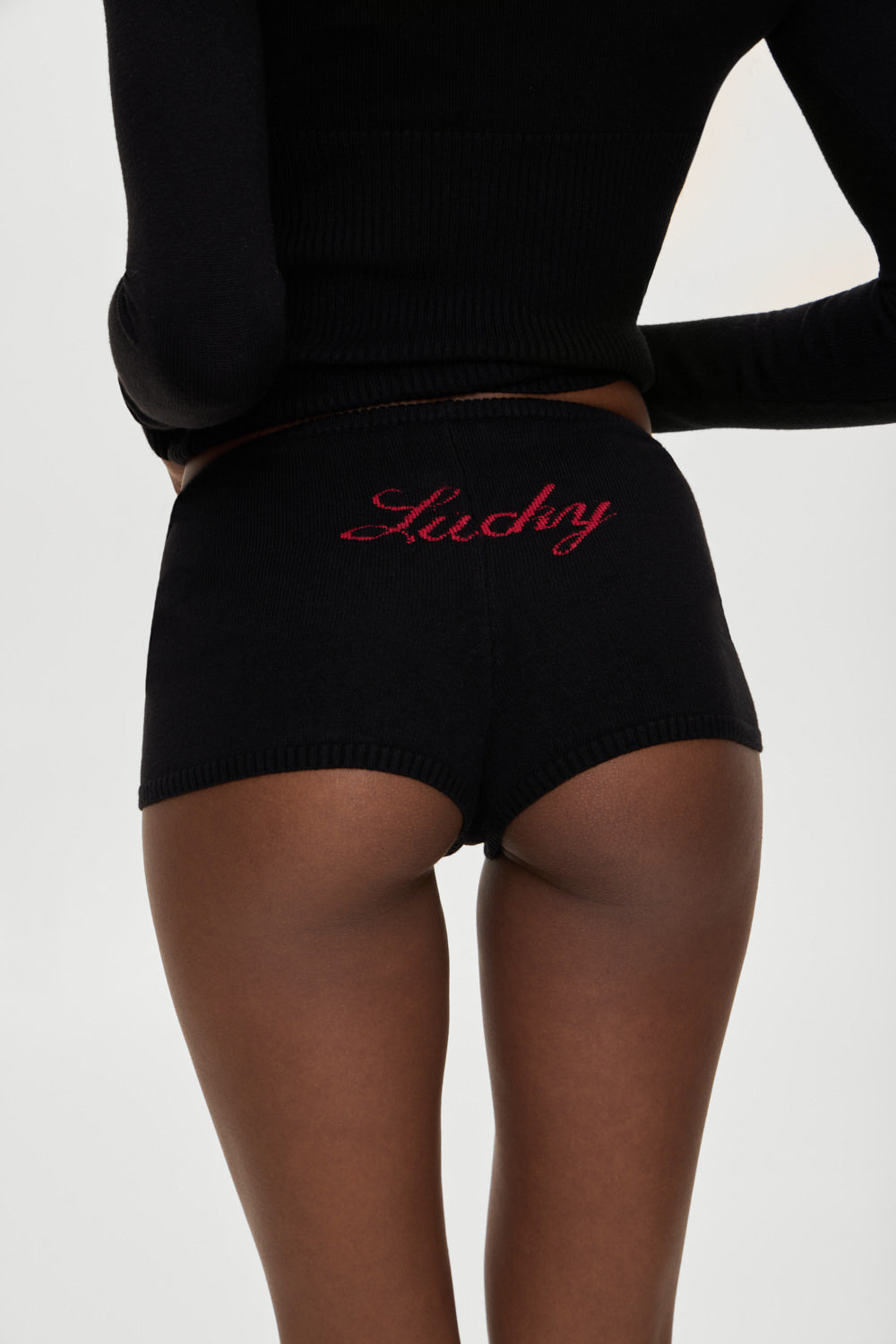 x BELLA HADID Bradley Knit Booty Shorts - Lone Star Black Frankies Bikinis Discount