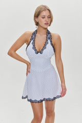 Audrey Satin Mini Dress - White Polka Dot Frankies Bikinis Outlet