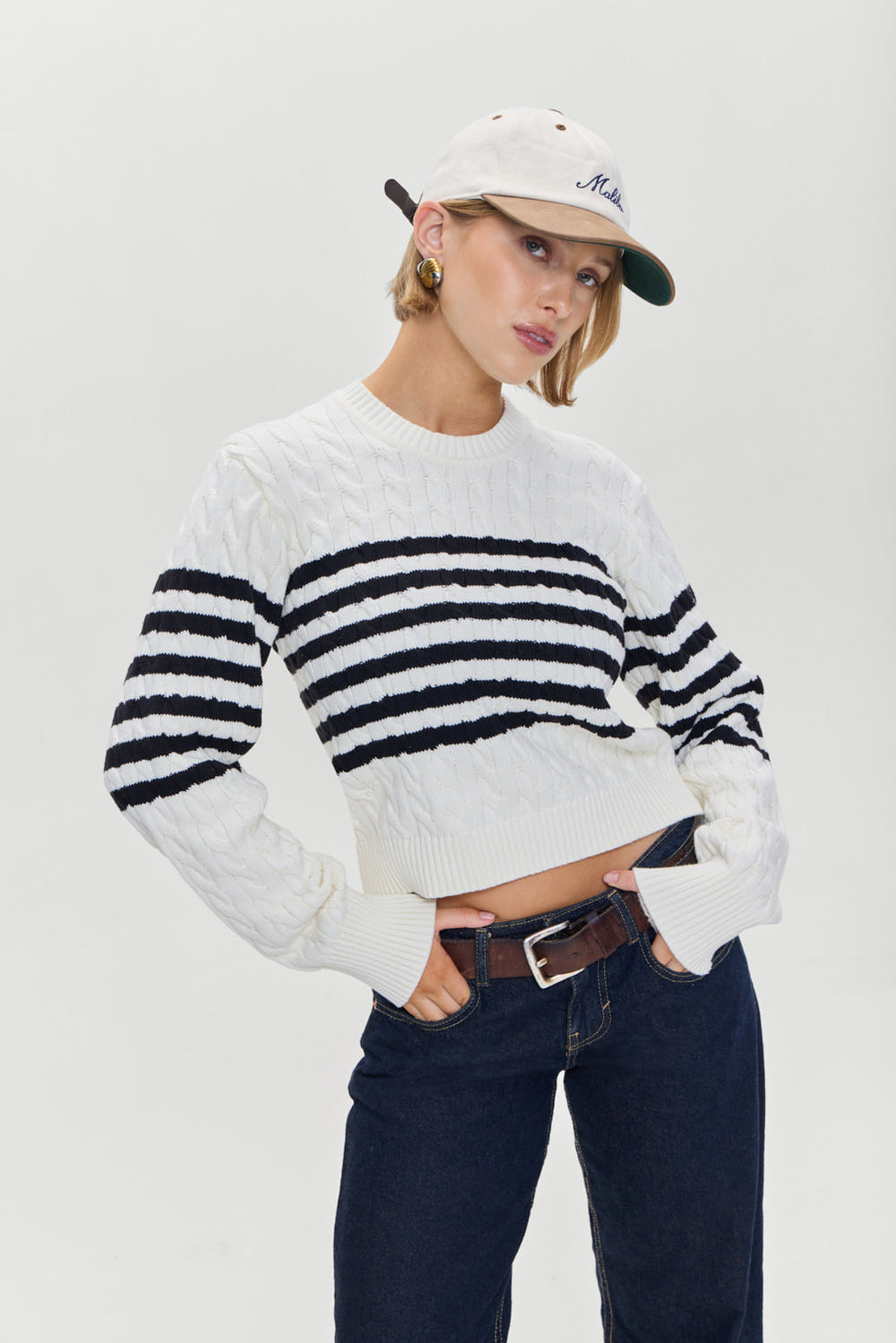 Varsity Striped Cable Knit Sweater - Ivory Frankies Bikinis Outlet