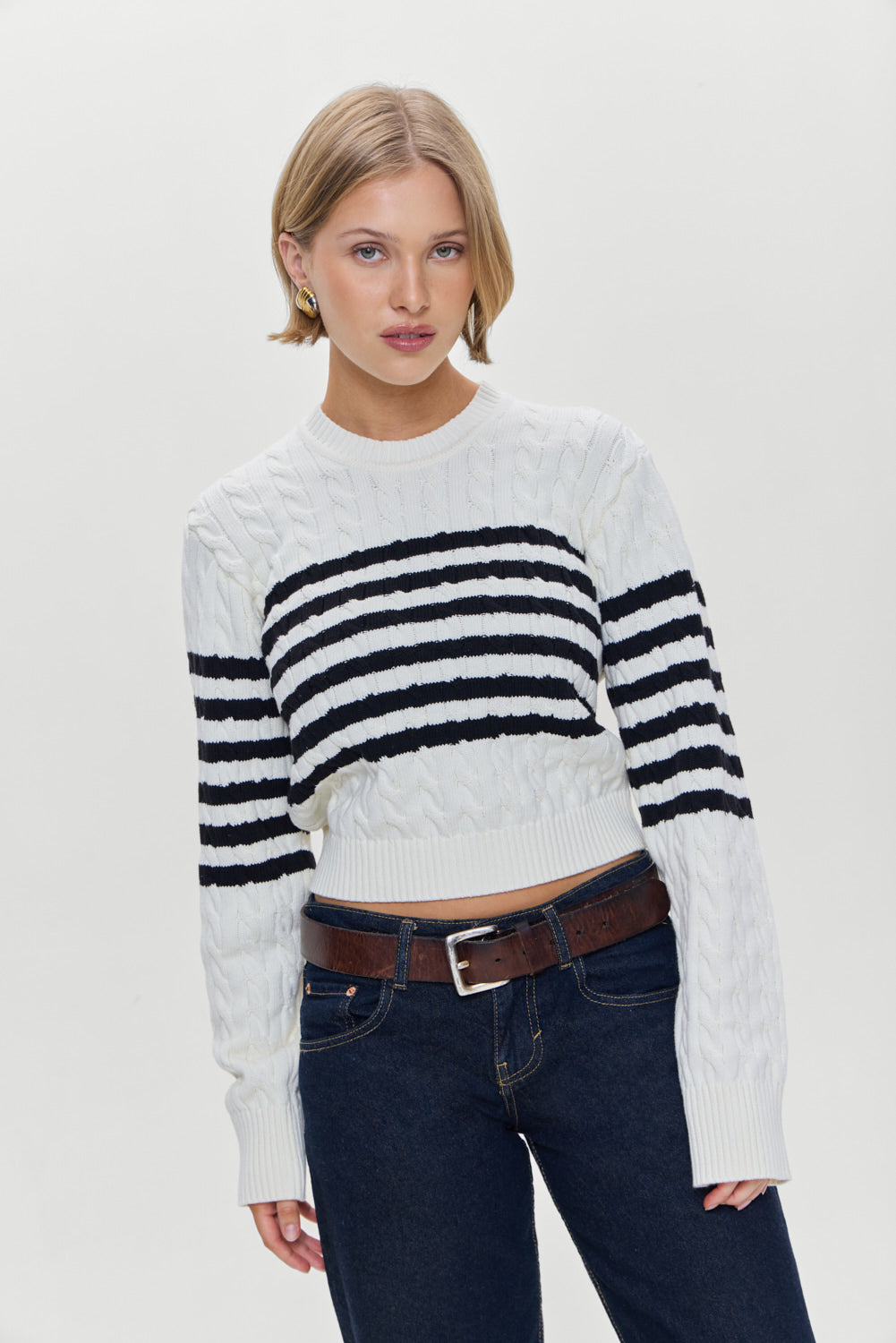 Varsity Striped Cable Knit Sweater - Ivory Frankies Bikinis Outlet